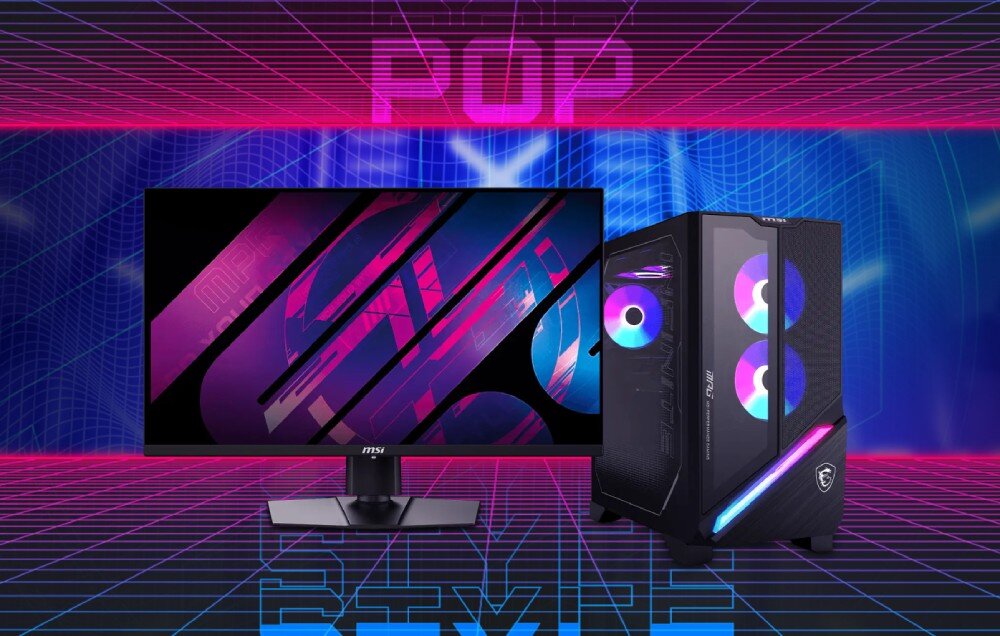 Komputer MSI MPG Infinite X3 AI 2NVZ9-063EU Komputer i monitor stojące obok siebie na tle graficznego, neonowego tła w stylu retro z napisem 'POP STYLE'. Ekran monitora pokazuje wzór graficzny z napisem 'MPG', przeznaczenie, cechy, zalety