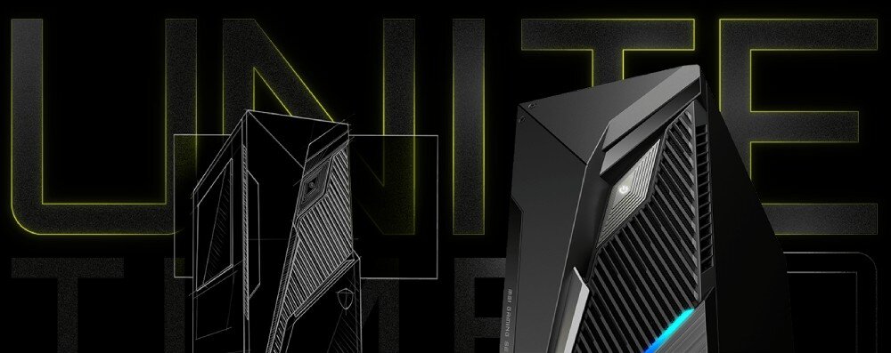 Komputer MSI MAG Infinite S3 14NUC5-2430EU Grafika przedstawiająca dwa widoki obudowy komputera, jeden w formie szkicu, drugi w formie renderu 3D, na tle ciemnego napisu z żółtym obrysem, przeznaczenie, cechy, zalety