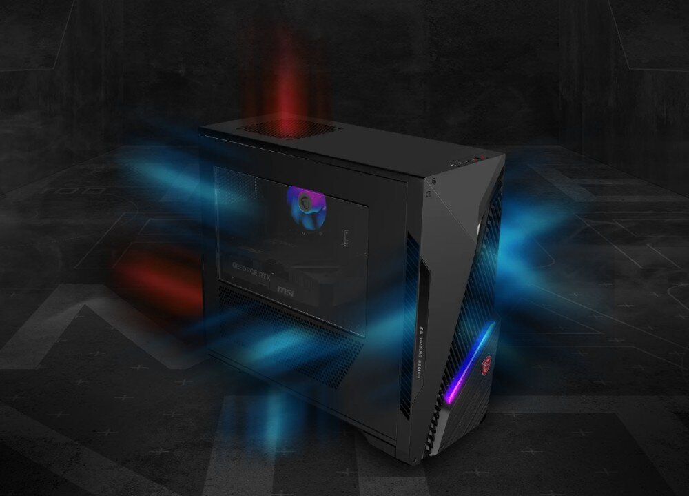 Komputer MSI MAG Infinite S3 14NUC5-2430EU Komputer stacjonarny z przezroczystym panelem bocznym i widocznym podświetlonym wentylatorem, otoczony przez wizualizację przepływu powietrza w kolorze czerwonym i niebieskim, chłodzenie, wentylacja, temperatura