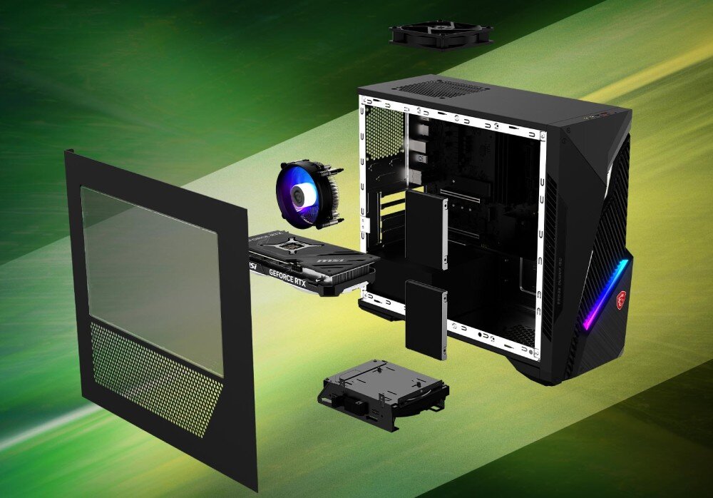 Komputer MSI MAG Infinite S3 14NUC5-2430EU Rozłożony na części komputer stacjonarny, z wysuniętymi elementami: bocznym panelem, kartą graficzną, wentylatorem i innymi podzespołami, na tle gradientu zieleni, modernizacja, rozbudowa, wymiana