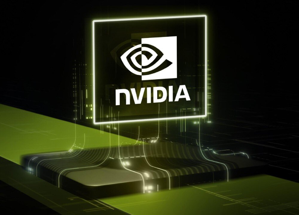 Komputer MSI MAG Infinite E1 14NUC5-036XEU Grafika przedstawiająca logo NVIDIA w neonowym, zielonym kolorze, osadzone w futurystycznym, ciemnym tle z geometrycznymi liniami, karta graficzna, Ray Tracing