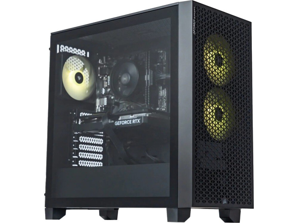 Komputer OPTIMUS E-Sport GA520T-CR5 Obudowa komputera z przezroczystą boczną ścianką, wewnątrz widoczna karta graficzna, podświetlone wentylatory i chłodzenie procesora, procesor, moc obliczeniowa, prędkość