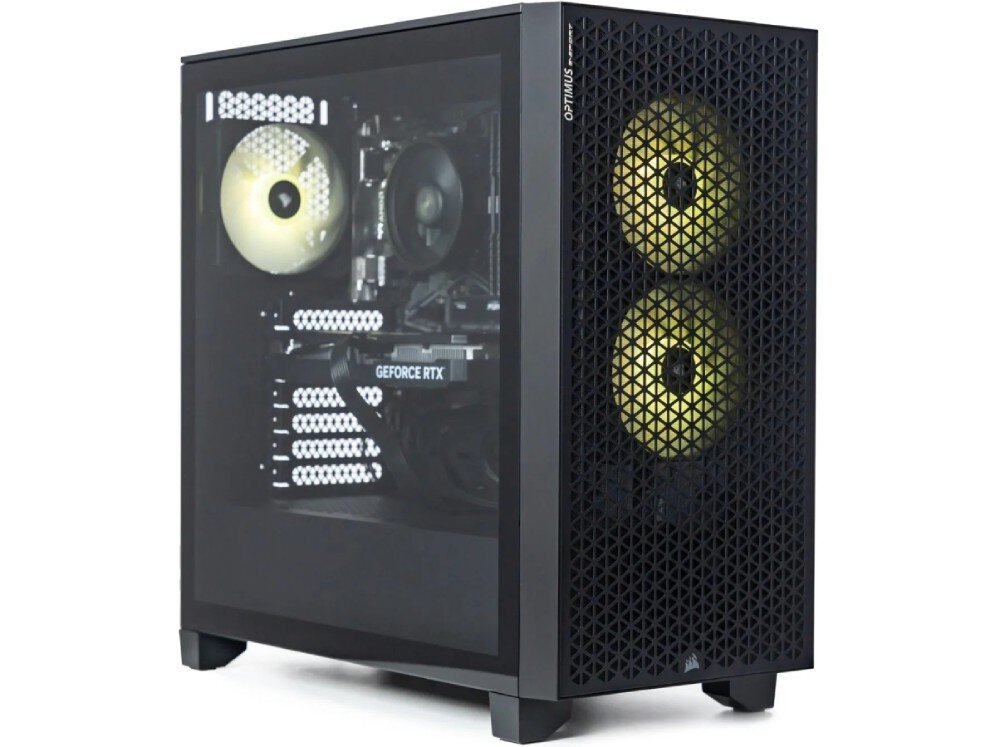 Komputer OPTIMUS E-Sport GA520T-CR5 Komputer w czarnej obudowie z boczną szybą, dwa wentylatory z przodu z podświetleniem na żółto, w środku karta graficzna i chłodzenie procesora, chłodzenie, wentylacja, obudowa, podświetlenie