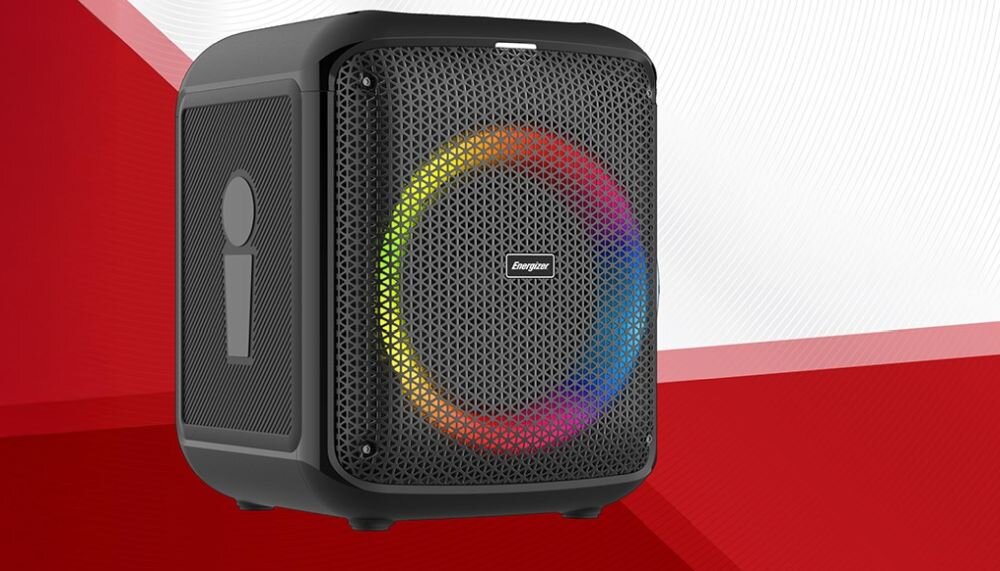 Głośnik mobilny ENERGIZER BTS458 Radio FM - glosnik na czerwono-bialym tle, jakosc, muzyka, karaoke