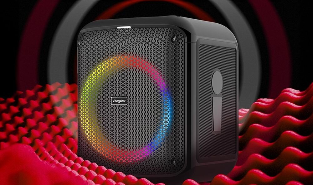 Głośnik mobilny ENERGIZER BTS458 Radio FM - glosnik na czerwonym tle, tweeter, wyrazne brzmienie, moc, spotkania, piknik, ogrod, domowka
