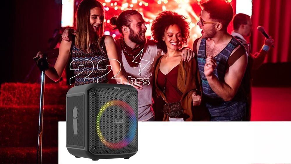 Głośnik mobilny ENERGIZER BTS458 Radio FM - karaoke, utwory, bezprzewodowy mikrofon, ustawienia, przewody, utwory - glosnik, a w tle trwająca impreza