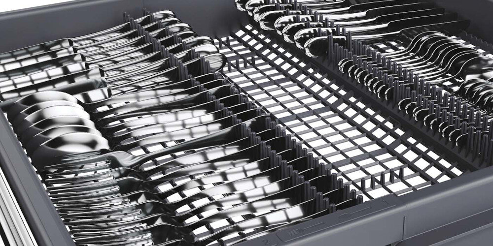 Zmywarka CANDY CNS 4A4S3PSB zdjęcie produktowe białe tło szuflada górna Trzecia szuflada na sztućce akcesoria kuchenne przegródki więcej miejsca dodatkowa przestrzeń