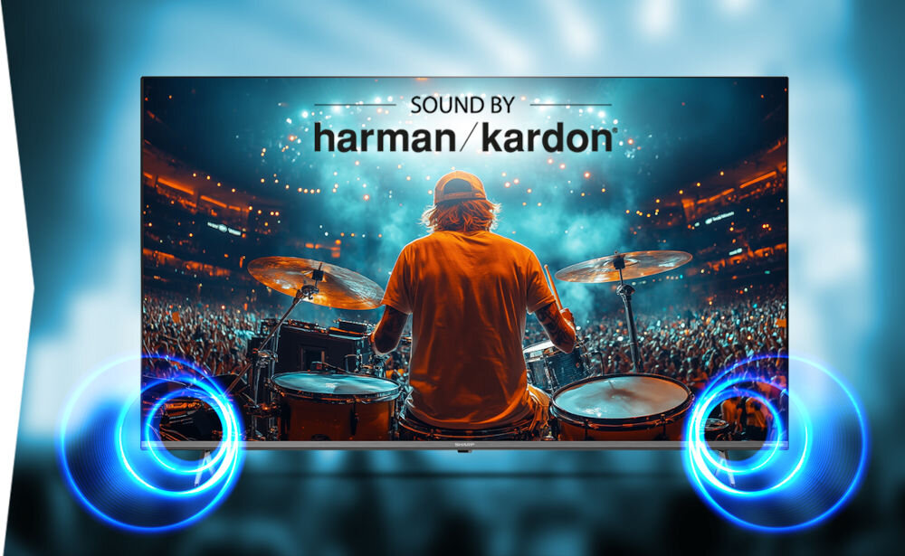 Telewizor SHARP 43GM6745E dźwięk Harman Kardon czyste dialogi, telewizor od frontu z którego wydobywa się dźwięk