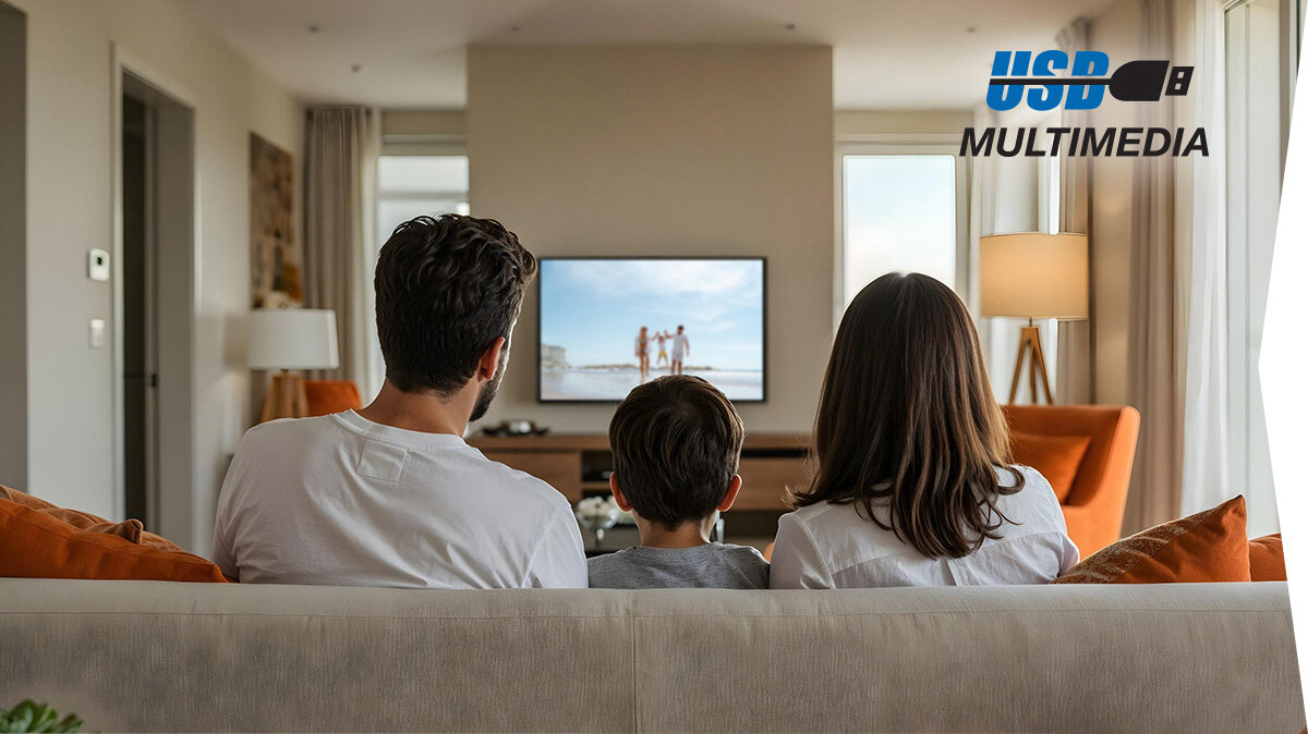 Telewizor SHARP 43GK4745E dwa USB, podłączenie pamięci zewnętrznej, myszki i klawiatury, odtwarzanie multimediów, osoby siedzące na kanapie oglądające telewizje