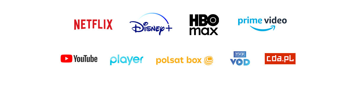 Obraz przedstawia logotypy serwisów streamingowych: NETFLIX, Disney+, HBO max, prime video, YouTube, player, polsat box, TVP VOD, cda.pl.