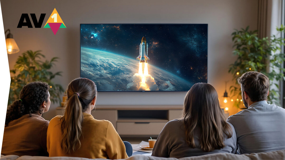 Na obrazie widoczny jest telewizor wyświetlający start rakiety w kosmosie, a przed nim siedzą trzy osoby. W lewym górnym rogu znajduje się logo \'AV1\'.