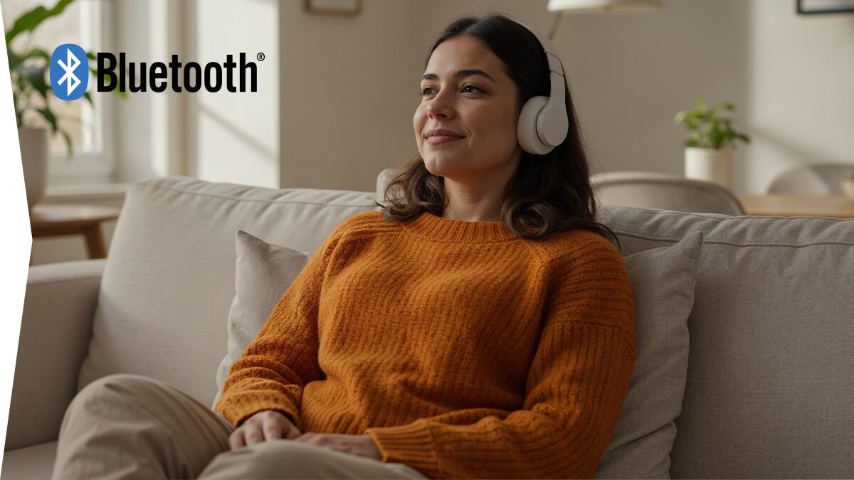 Osoba siedzi na kanapie, nosząc białe słuchawki. W lewym górnym rogu widoczne jest logo Bluetooth®.