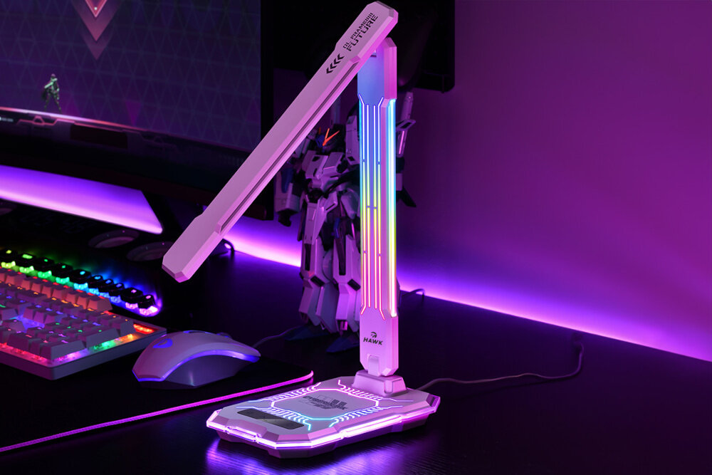 Lampka biurkowa HAWK HW-LAMP04 lampka na biurku ze zgiętym ramieniem elastyczne składane ramię regulacja pod wieloma kątami port USB-A 5V/1A możliwość ładowania kolejnego urządzenia przewodowego