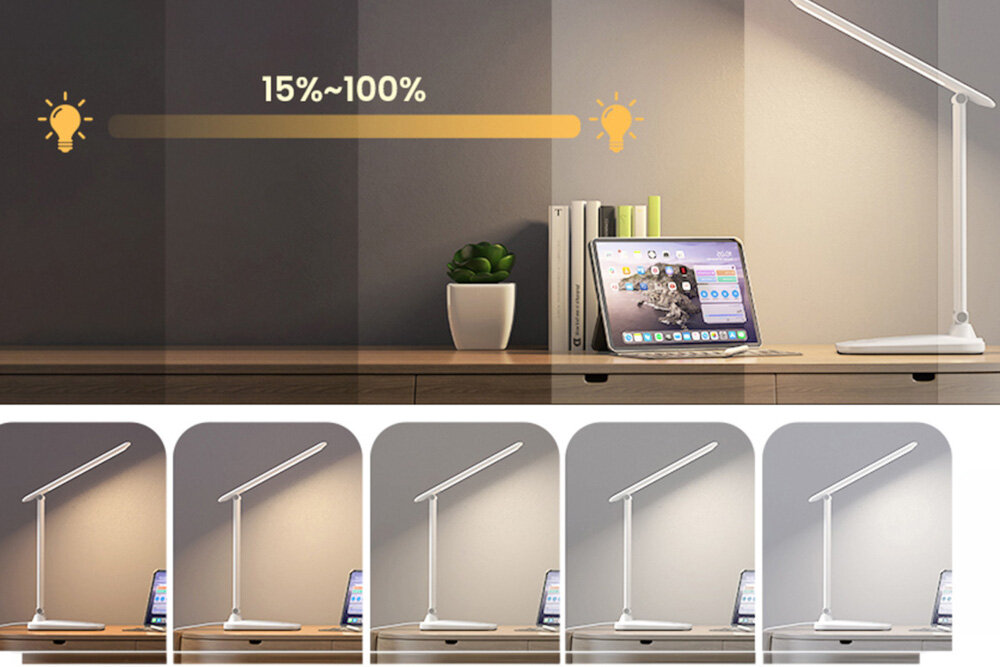 Lampka biurkowa HAWK HW-LAMP01 lampka w pięciu ujęciach pokazująca jasność światła regulacja jasności w zakresie od 15% do 100% optymalna ilość światła