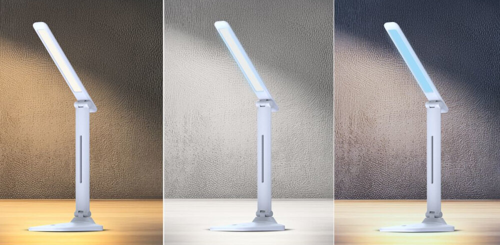 Lampka biurkowa HAWK HW-LAMP01 lampka w trzech ujęciach pokazująca barwę światła temperatura barwowa od 2800K do 6500K wybór światła ciepłego lub chłodnego ciepłe odcienie sprzyjają odpoczynkowi zimne poprawiają koncentrację