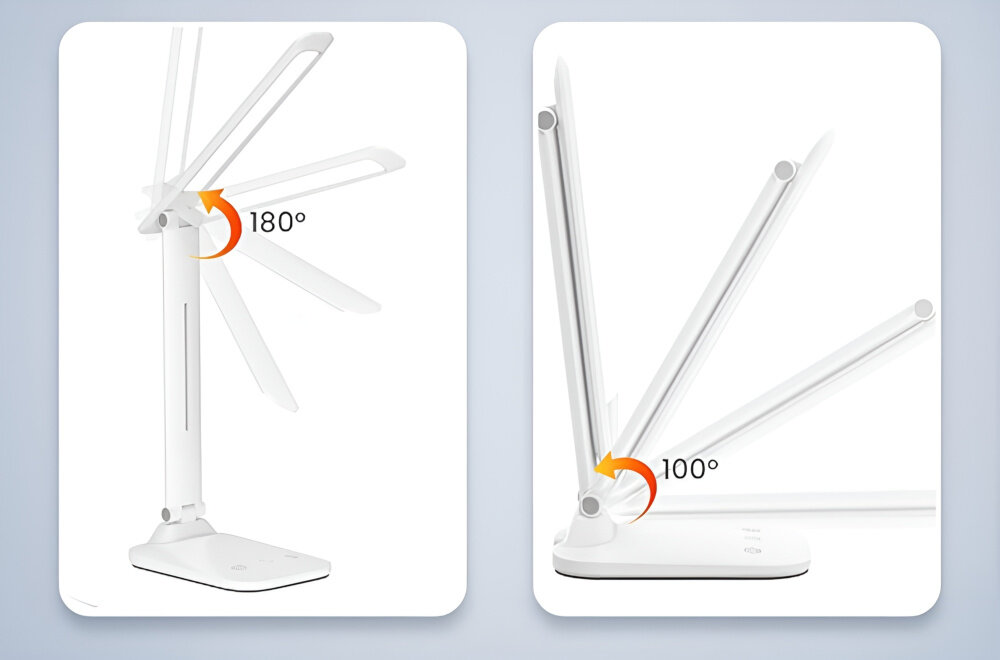 Lampka biurkowa HAWK HW-LAMP01 lamka na białym tle w dwóch pozycjach pokazujących regulację składane ramię z zakresem regulacji 100° w podstawie i 180° w głowicy odpowiednie oświetlenie w dowolnym momencie skoncentrowane światło subtelne oświetlenie