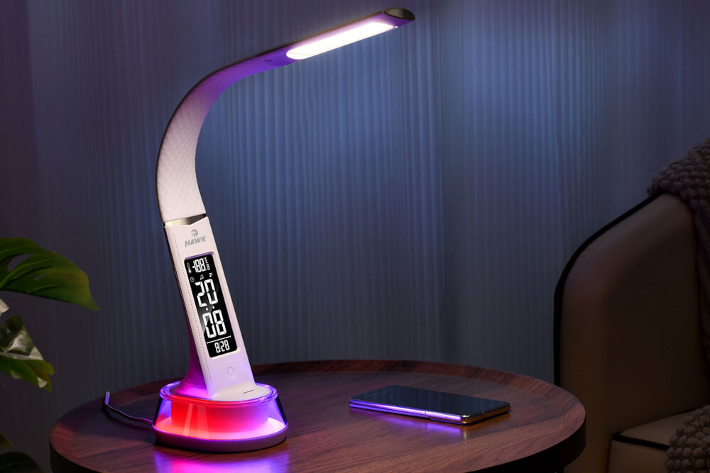 Lampka biurkowa HAWK HW-LAMP05 lampka stoi na biurku napięcie 5 V DC 2 zintegrowane źródła światła LED zużycie energii 5 kWh na 1000 godzin pracy niskie rachunki za energię technologia LED długa żywotność oszczędność