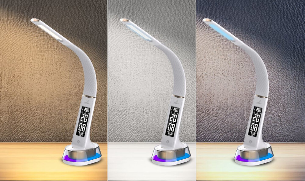 Lampka biurkowa HAWK HW-LAMP05 lampka w trzech ujęciach z różnym kolorem światła trzy rodzaje temperatury barwowej światło ciepłe neutralne chłodne