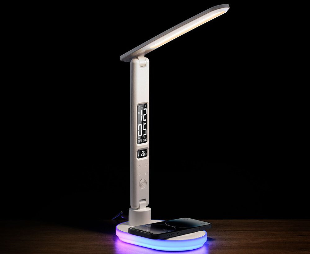 Lampka biurkowa HAWK HW-LAMP03 lampka stoi na biurku napięcie 13 V DC 2 zintegrowane źródła światła LED zużycie energii 5 kWh na 1000 godzin pracy niskie rachunki za energię technologia LED długa żywotność oszczędność