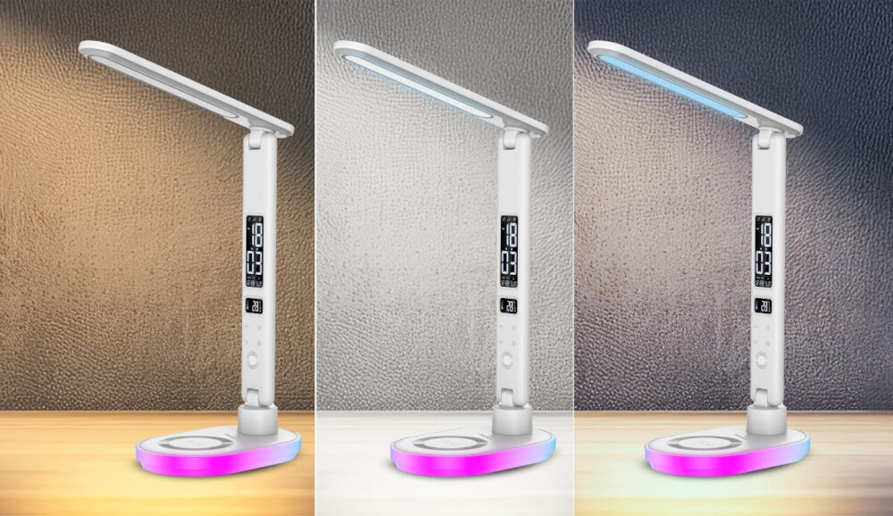 Lampka biurkowa HAWK HW-LAMP03 lampka w trzech ujęciach z różnym kolorem światła trzy rodzaje temperatury barwowej światło ciepłe neutralne chłodne