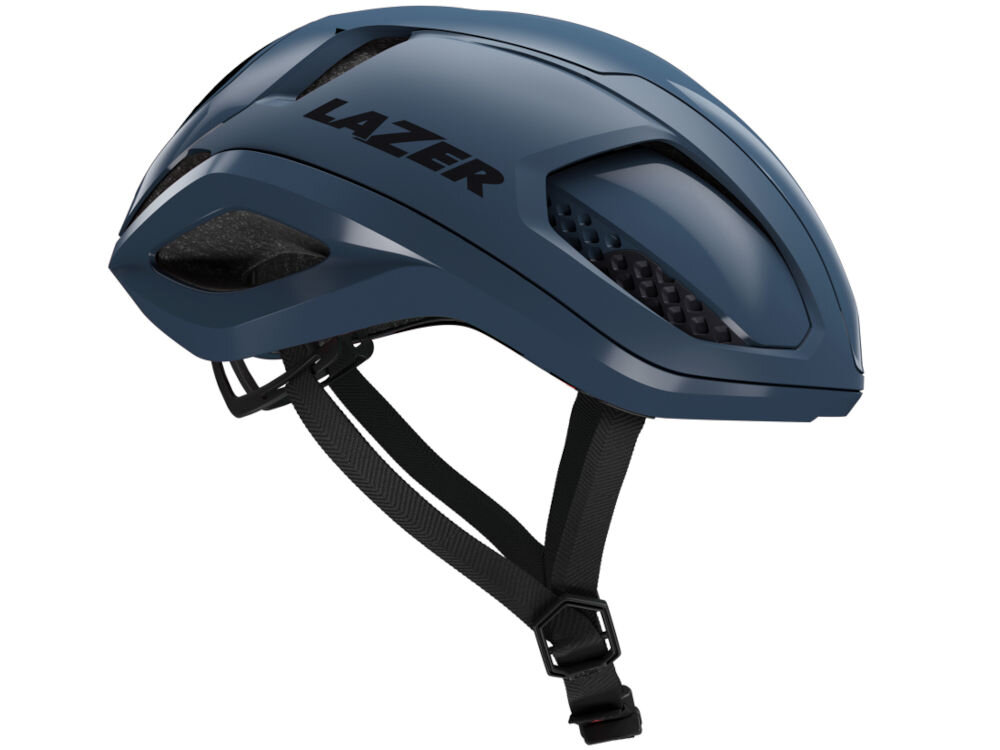 Kask rowerowy LAZER Vento KinetiCore Profil kasku rowerowego Lazer Vento KC z odblaskowym napisem marki i mocowaniem pasków.