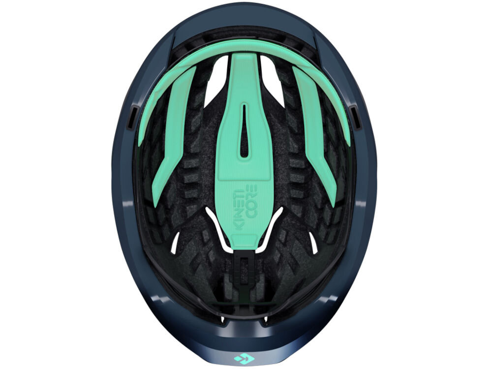 Kask rowerowy LAZER Vento KinetiCore Wnętrze kasku Lazer Vento z widoczną zieloną wyściółką i strukturą systemu ochrony przed uderzeniami KinetiCore.