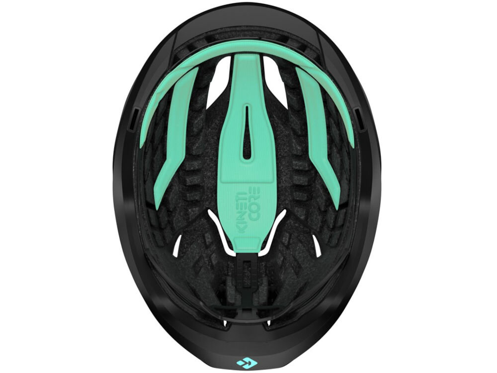 Kask rowerowy LAZER Vento KinetiCore Wnętrze kasku Lazer Vento z widoczną zieloną wyściółką i strukturą systemu ochrony przed uderzeniami KinetiCore.