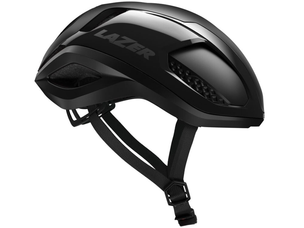 Kask rowerowy LAZER Vento KinetiCore Profil kasku rowerowego Lazer Vento KC z odblaskowym napisem marki i mocowaniem pasków.