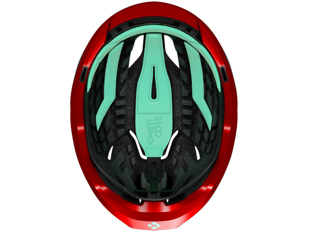 Kask rowerowy LAZER Vento KinetiCore Wnętrze kasku Lazer Vento z widoczną zieloną wyściółką i strukturą systemu ochrony przed uderzeniami KinetiCore.