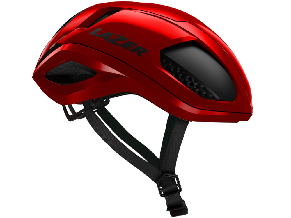Kask rowerowy LAZER Vento KinetiCore Profil kasku rowerowego Lazer Vento KC z odblaskowym napisem marki i mocowaniem pasków.