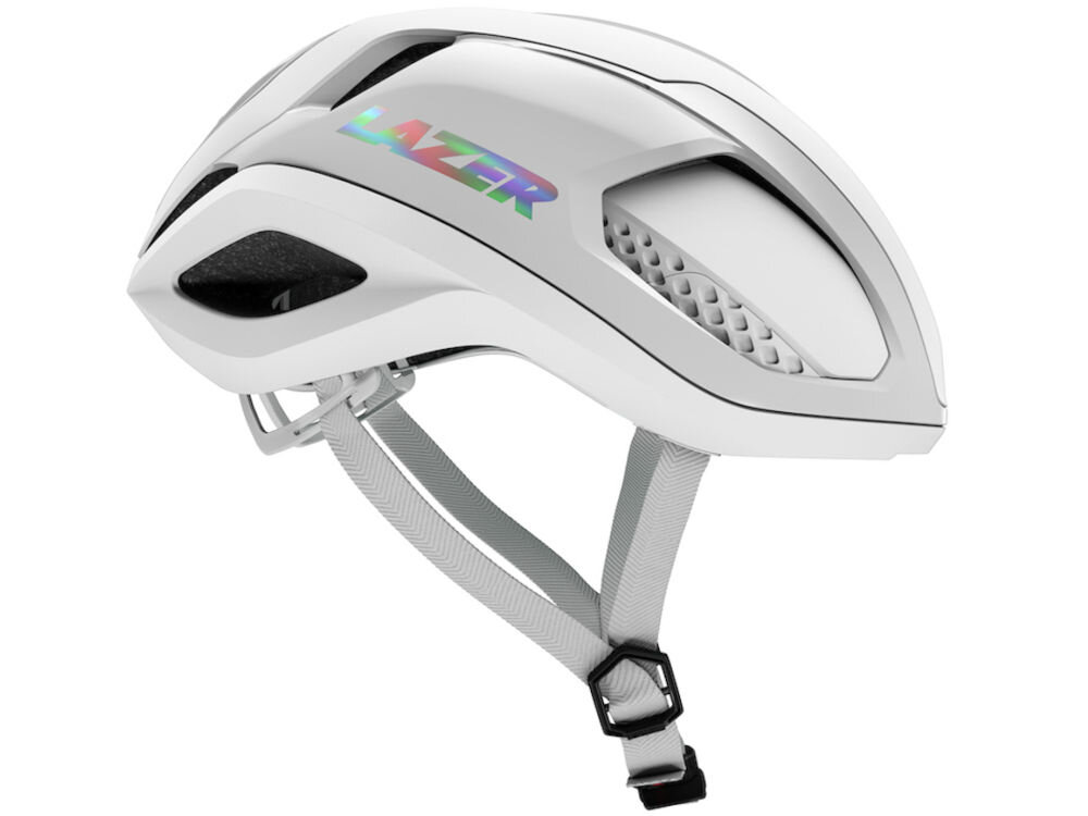 Kask rowerowy LAZER Vento KinetiCore Profil kasku rowerowego Lazer Vento KC z odblaskowym napisem marki i mocowaniem pasków.