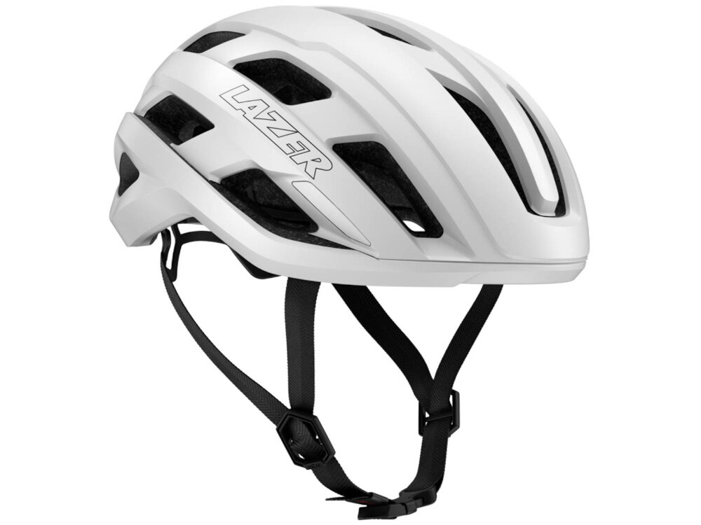 Kask rowerowy LAZER Strada KinetiCore Biały Szosowy (rozmiar S) kask na białym tle widoczny od przodu pod skosem kolarze szosowi lekka konstrukcja z poliwęglanu wewnętrzna warstwa EPS skuteczna ochrona przy zachowaniu wygody użytkowania strefa kontrolowanego zgniotu ogranicza ryzyko kontuzji poczucie kontroli podczas jazdy