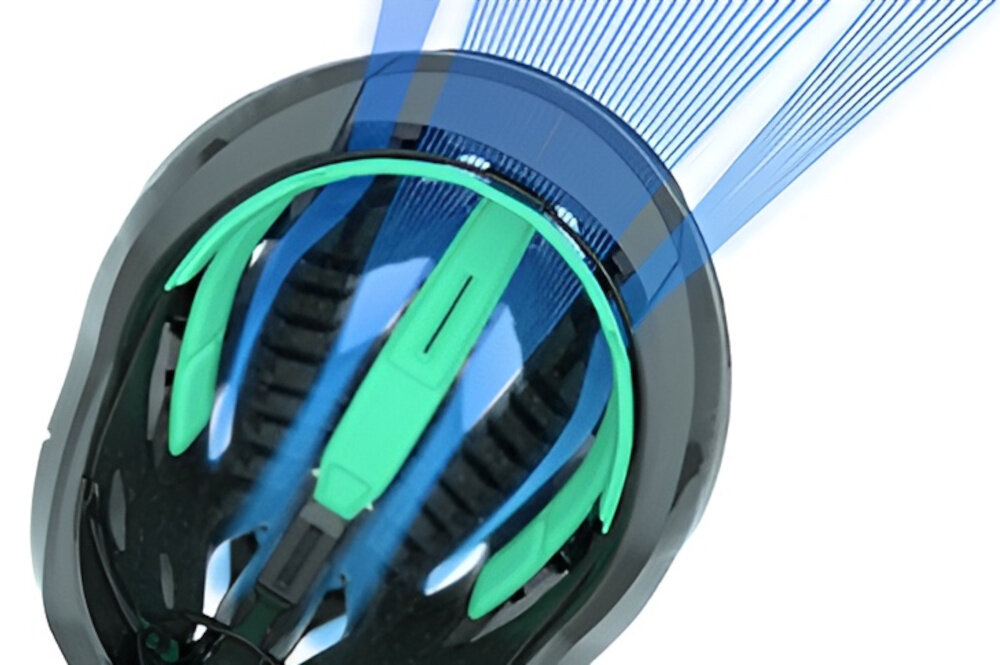 Kask rowerowy LAZER Strada KinetiCore Biały Szosowy (rozmiar S) kask na białym tle widoczny z góry niebieskie linie pokazujące proces wentylacji widok wnętrza kasku 23 przemyślane otwory wentylacyjne wspierają obieg powietrza ruchomy pas czołowy wspiera wentylację eliminuje punkty ucisku pomaga utrzymać odpowiednią temperaturę głowy