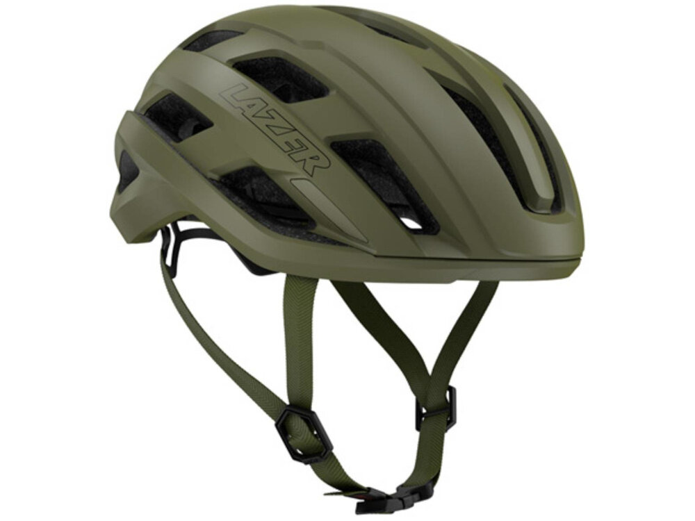 Kask rowerowy LAZER Strada KinetiCore Zielony Szosowy (rozmiar M) kask na białym tle widoczny od przodu pod skosem kolarze szosowi lekka konstrukcja z poliwęglanu wewnętrzna warstwa EPS skuteczna ochrona przy zachowaniu wygody użytkowania strefa kontrolowanego zgniotu ogranicza ryzyko kontuzji poczucie kontroli podczas jazdy