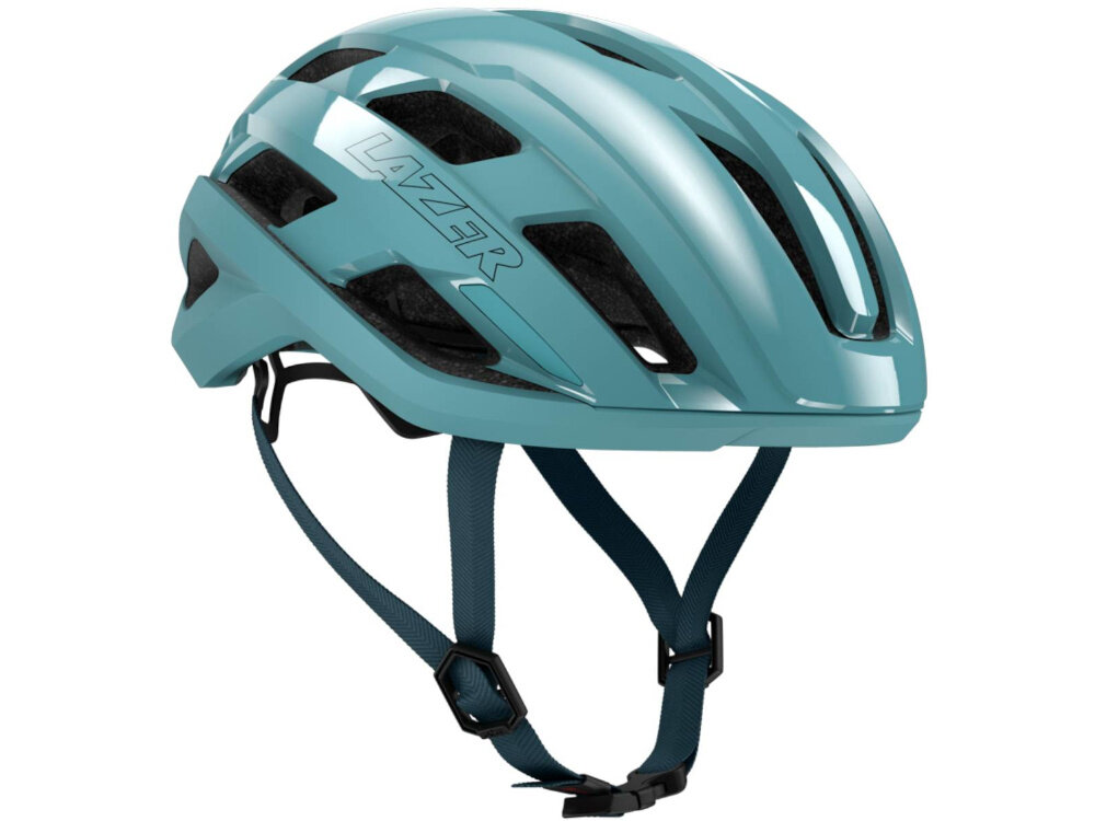 Kask rowerowy LAZER Strada KinetiCore Niebieski Szosowy (rozmiar S) kask na białym tle widoczny od przodu pod skosem kolarze szosowi lekka konstrukcja z poliwęglanu wewnętrzna warstwa EPS skuteczna ochrona przy zachowaniu wygody użytkowania strefa kontrolowanego zgniotu ogranicza ryzyko kontuzji poczucie kontroli podczas jazdy