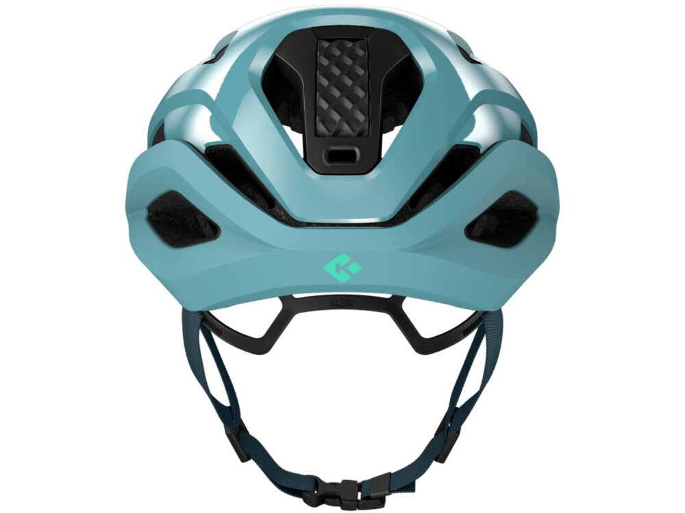 Kask rowerowy LAZER Strada KinetiCore Niebieski Szosowy (rozmiar S) kask na białym tle widoczny od tyłu miejsce na kucyk dopasowanie osobom z dłuższymi włosami wygoda bezpieczeństwo