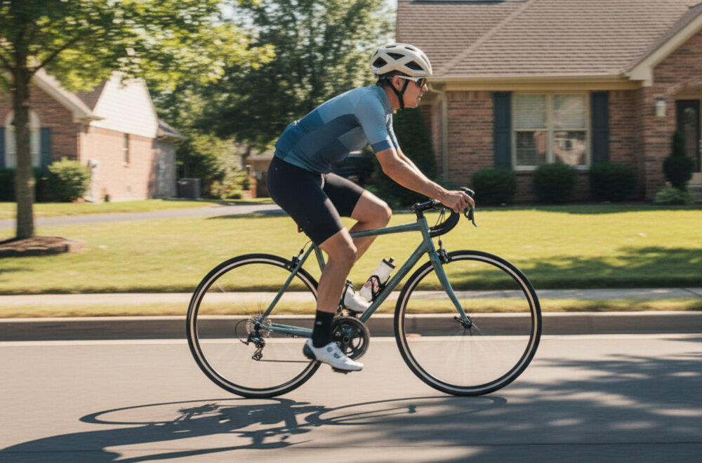 Kask rowerowy LAZER Tonic KinetiCore Beżowy Szosowy (rozmiar M) droga ulica osoba w kasku jedzie na rowerze w tle domy trawnik drzewa krzewy bezpieczeństwo komfort wsparcie