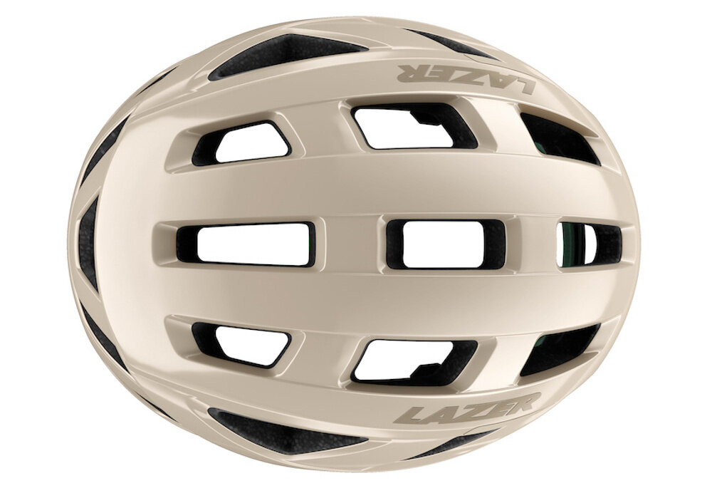 Kask rowerowy LAZER Tonic KinetiCore Beżowy Szosowy (rozmiar M) kask na białym tle widoczny z góry 18 przemyślanych otworów wentylacyjnych wspierają obieg powietrza wydajność chłodzenia na poziomie 97,2% odpowiednia temperatura głowy redukcja zmęczenia umożliwia skupienie na drodze