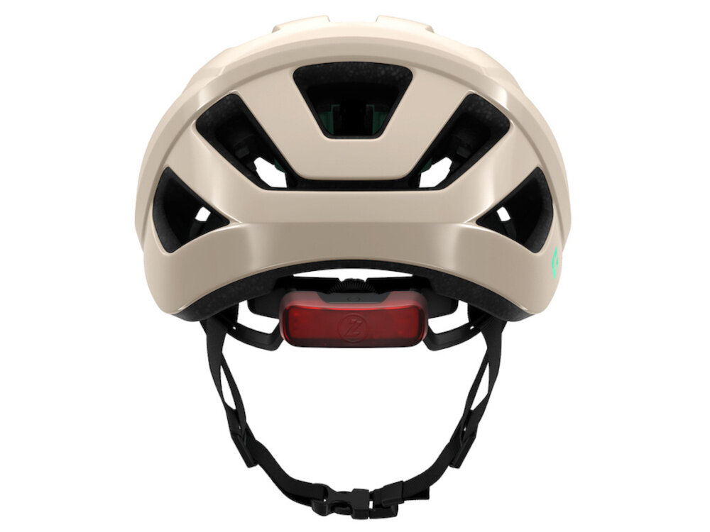 Kask rowerowy LAZER Tonic KinetiCore Beżowy Szosowy (rozmiar L) kask na białym tle widoczny od tyłu zamontowana lampka miejsce do zamontowania opcjonalnej lampki LED zwiększa widoczność po zmroku i w warunkach ograniczonego oświetlenia bezpieczeństwo w ruchu miejskim