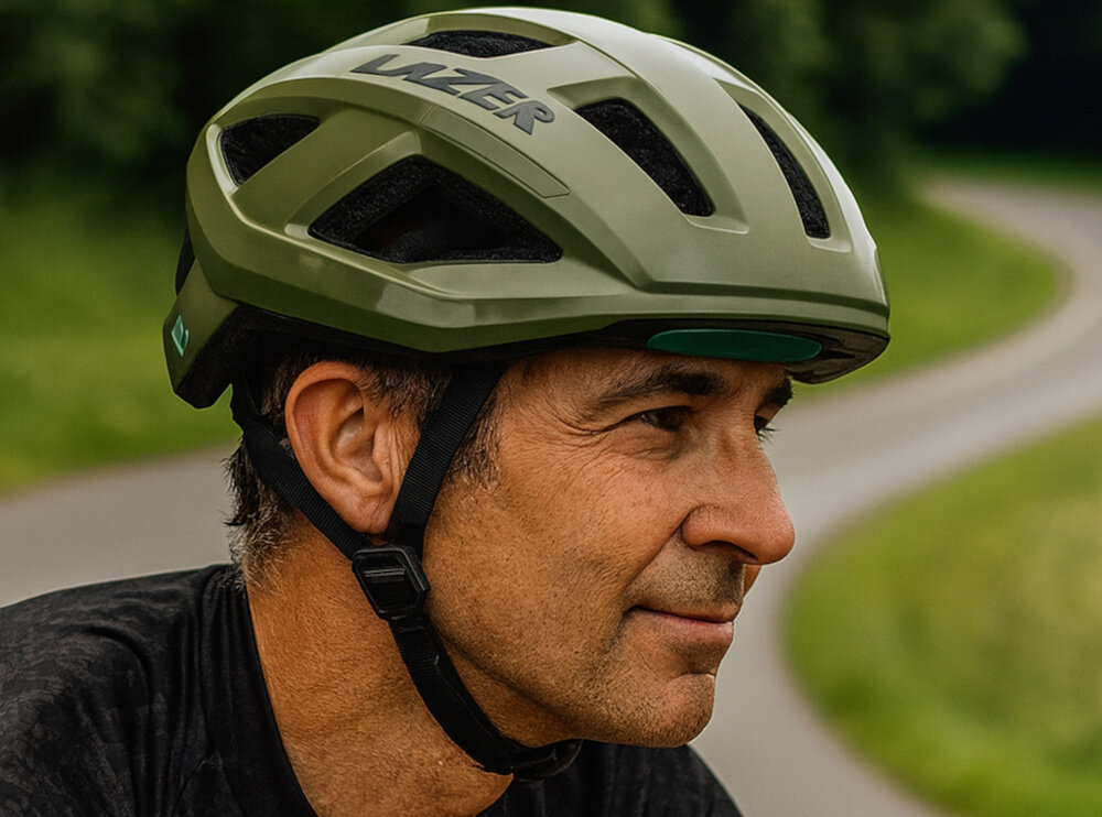 Kask rowerowy LAZER Tonic KinetiCore Zielony Szosowy (rozmiar L) droga ulica osoba w kasku jedzie na rowerze w tle domy trawnik drzewa krzewy bezpieczeństwo komfort wsparcie