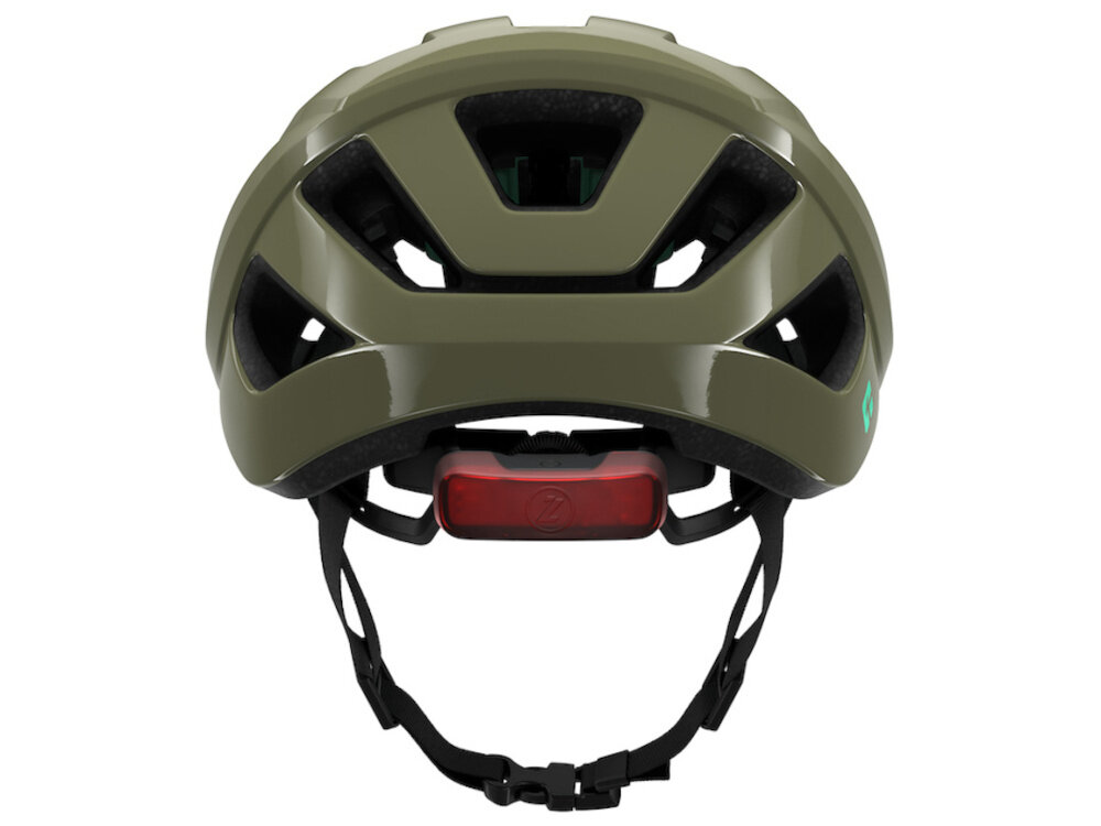 Kask rowerowy LAZER Tonic KinetiCore Zielony Szosowy (rozmiar S) kask na białym tle widoczny od tyłu zamontowana lampka miejsce do zamontowania opcjonalnej lampki LED zwiększa widoczność po zmroku i w warunkach ograniczonego oświetlenia bezpieczeństwo w ruchu miejskim