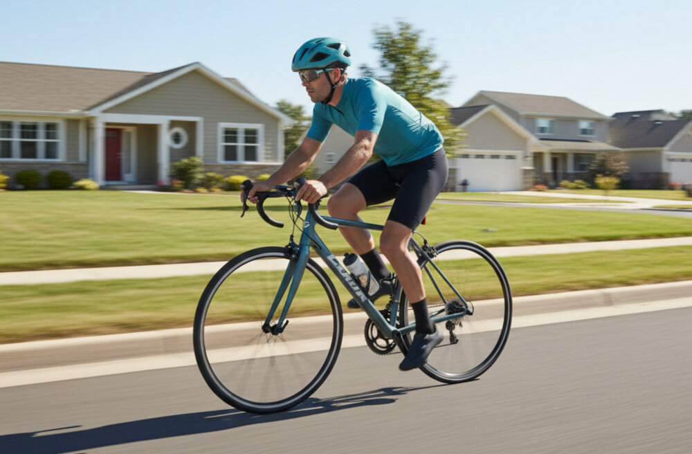 Kask rowerowy LAZER Tonic KinetiCore Niebieski Szosowy (rozmiar M) droga ulica osoba w kasku jedzie na rowerze w tle domy trawnik drzewa krzewy bezpieczeństwo komfort wsparcie