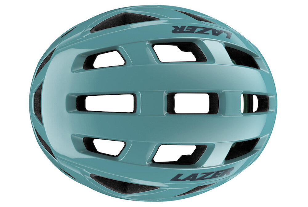 Kask rowerowy LAZER Tonic KinetiCore Niebieski Szosowy (rozmiar M) kask na białym tle widoczny z góry 18 przemyślanych otworów wentylacyjnych wspierają obieg powietrza wydajność chłodzenia na poziomie 97,2% odpowiednia temperatura głowy redukcja zmęczenia umożliwia skupienie na drodze