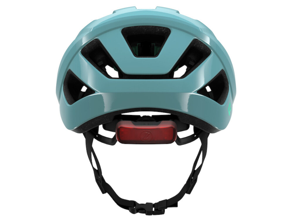 Kask rowerowy LAZER Tonic KinetiCore Niebieski Szosowy (rozmiar M) kask na białym tle widoczny od tyłu zamontowana lampka miejsce do zamontowania opcjonalnej lampki LED zwiększa widoczność po zmroku i w warunkach ograniczonego oświetlenia bezpieczeństwo w ruchu miejskim