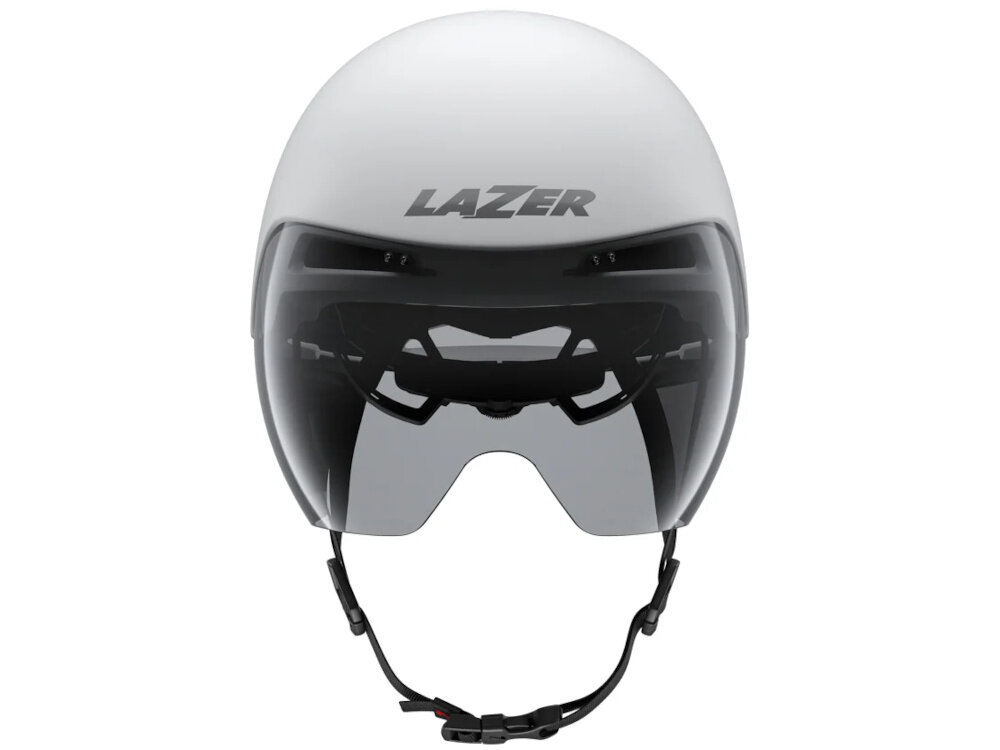 Kask rowerowy LAZER Victor KinetiCore Biało-srebrny rozmiar S kask na białym tle widoczny od przodu do jazdy szosowej zwarte połączenie małej, wąskiej powierzchni czołowej z krótką częścią tylną ogranicza opór aerodynamiczny swoboda poruszania głową homologacja CE-CPSC