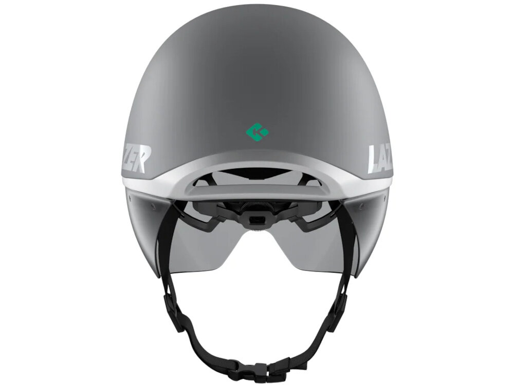 Kask rowerowy LAZER Victor KinetiCore Biało-srebrny rozmiar S kask na białym tle widoczny od tyłu krótka tylna część ogranicza opór duży tylny wylot wspiera przepływ powietrza swoboda ruchów głową aerodynamiczny charakter z wygodą użytkowania