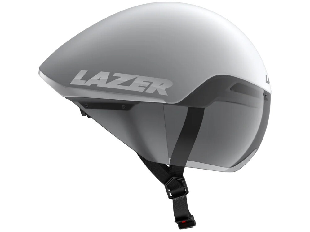 Kask rowerowy LAZER Victor KinetiCore Biało-srebrny rozmiar S kask na białym tle widoczny z boku wizjer wykorzystuje magnetyczne mocowania stabilne połączenie wizjera z kaskiem
