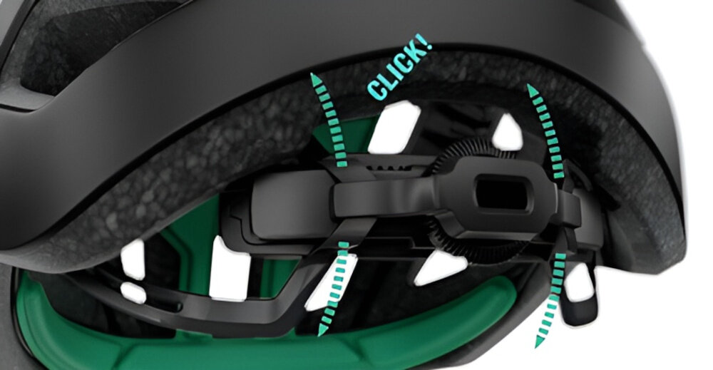 Kask rowerowy LAZER Victor KinetiCore Biało-srebrny rozmiar S zbliżenie na zapięcie kasku system regulacji Advanced TurnSys precyzyjne dopasowanie kask do obwodu głowy w zakresie od 52 do 56 cm pokrętło umożliwia stopniową zmianę ustawienia