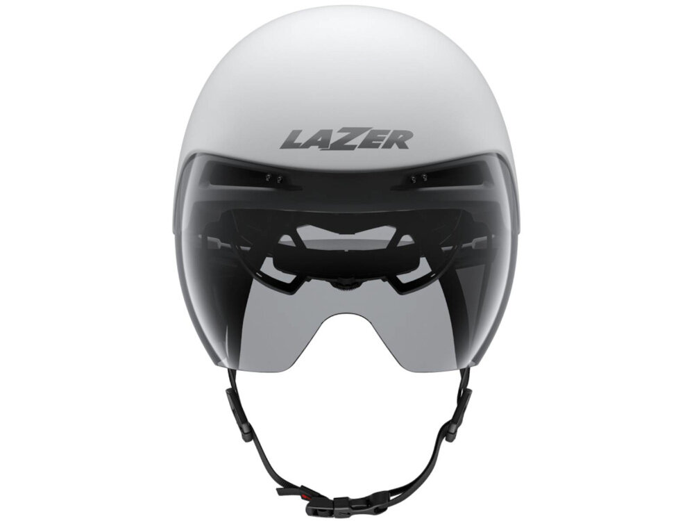 Kask rowerowy LAZER Victor KinetiCore Biało-srebrny rozmiar M kask na białym tle widoczny od przodu do jazdy szosowej zwarte połączenie małej, wąskiej powierzchni czołowej z krótką częścią tylną ogranicza opór aerodynamiczny swoboda poruszania głową homologacja CE-CPSC