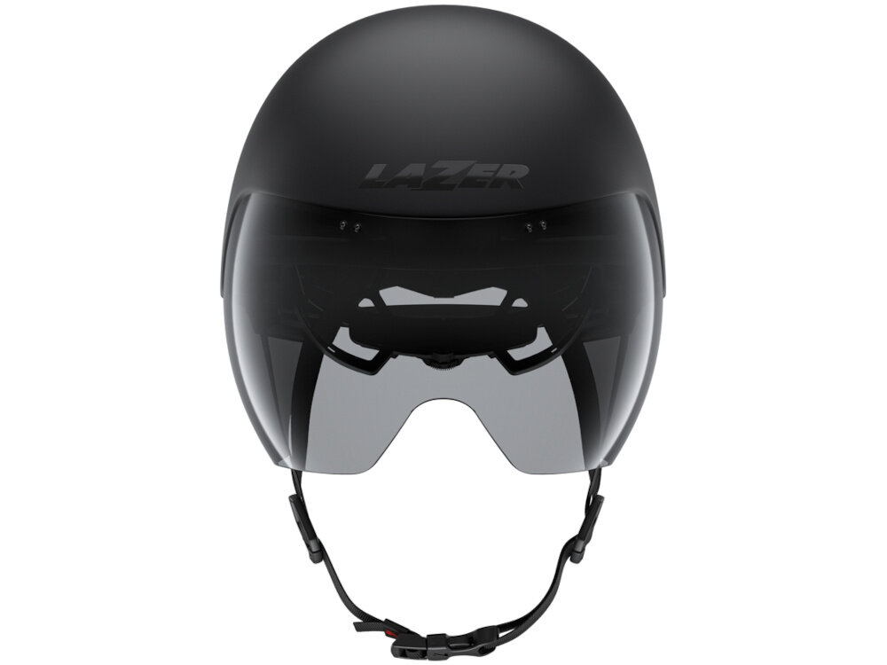 Kask rowerowy LAZER Victor KinetiCore Czarny rozmiar M kask na białym tle widoczny od przodu do jazdy szosowej zwarte połączenie małej, wąskiej powierzchni czołowej z krótką częścią tylną ogranicza opór aerodynamiczny swoboda poruszania głową homologacja CE-CPSC